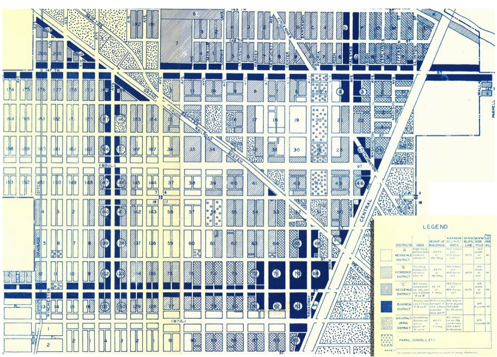 Harvey, IL Zoning Plan c. 1930, prepared by the city engineer (cropped and modified by Alexander Dukes to fit page). Original image source: The University of Chicago
