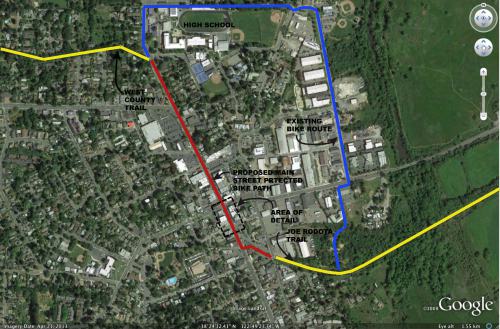 Existing/proposed bike routes in downtown Sebastopol. Existing class I trails shown in yellow; existing connection shown in blue; and proposed route down the center of Main St. shown in red.