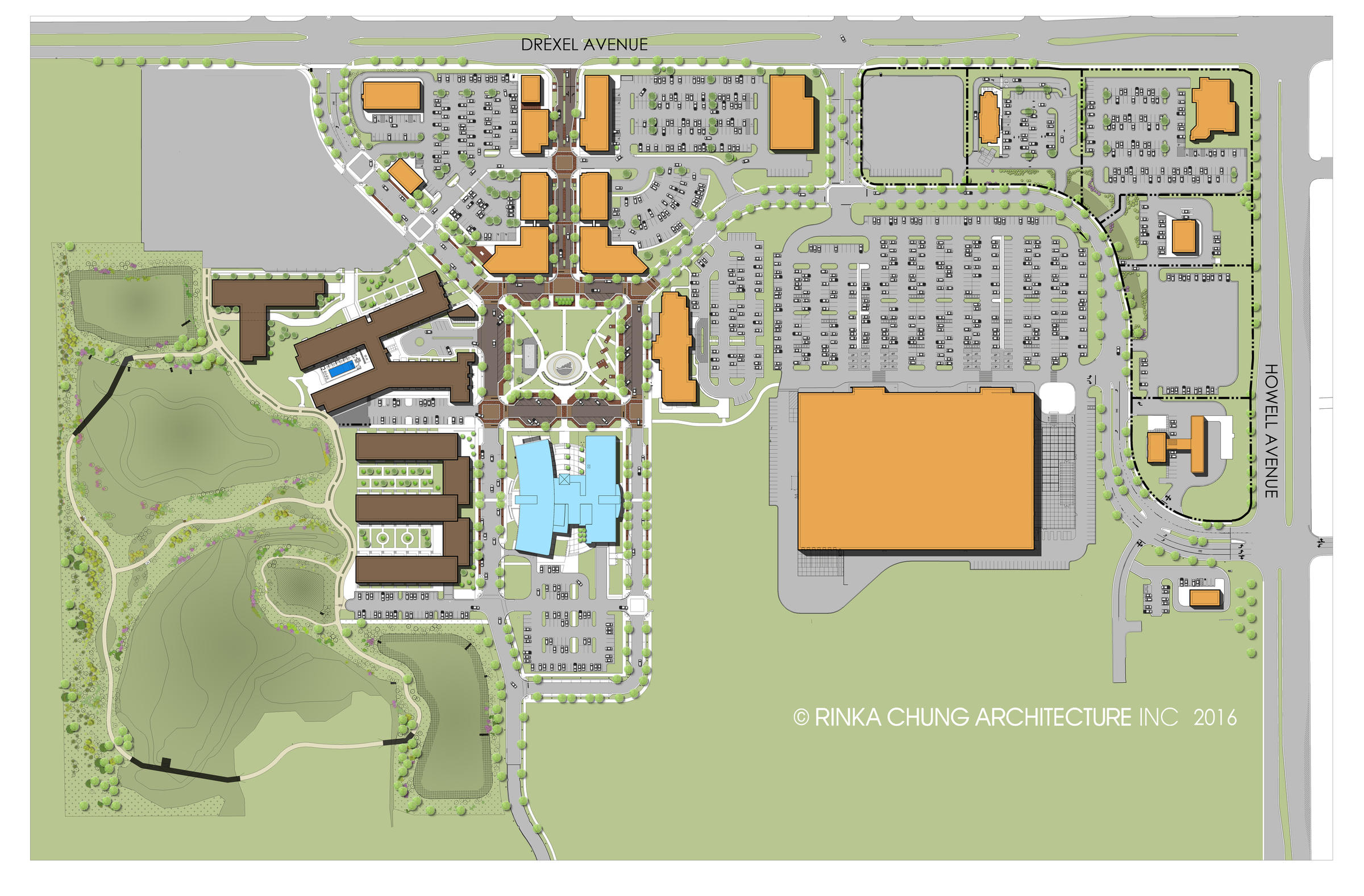 The gray segments of this illustration are almost all parking. (Rendering from Drexel Town Square website )