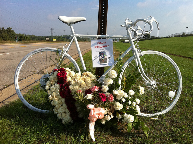 A "ghost bike" honoring and acknowledging the death of a cyclist at this location. (Source: Rory Finneren )