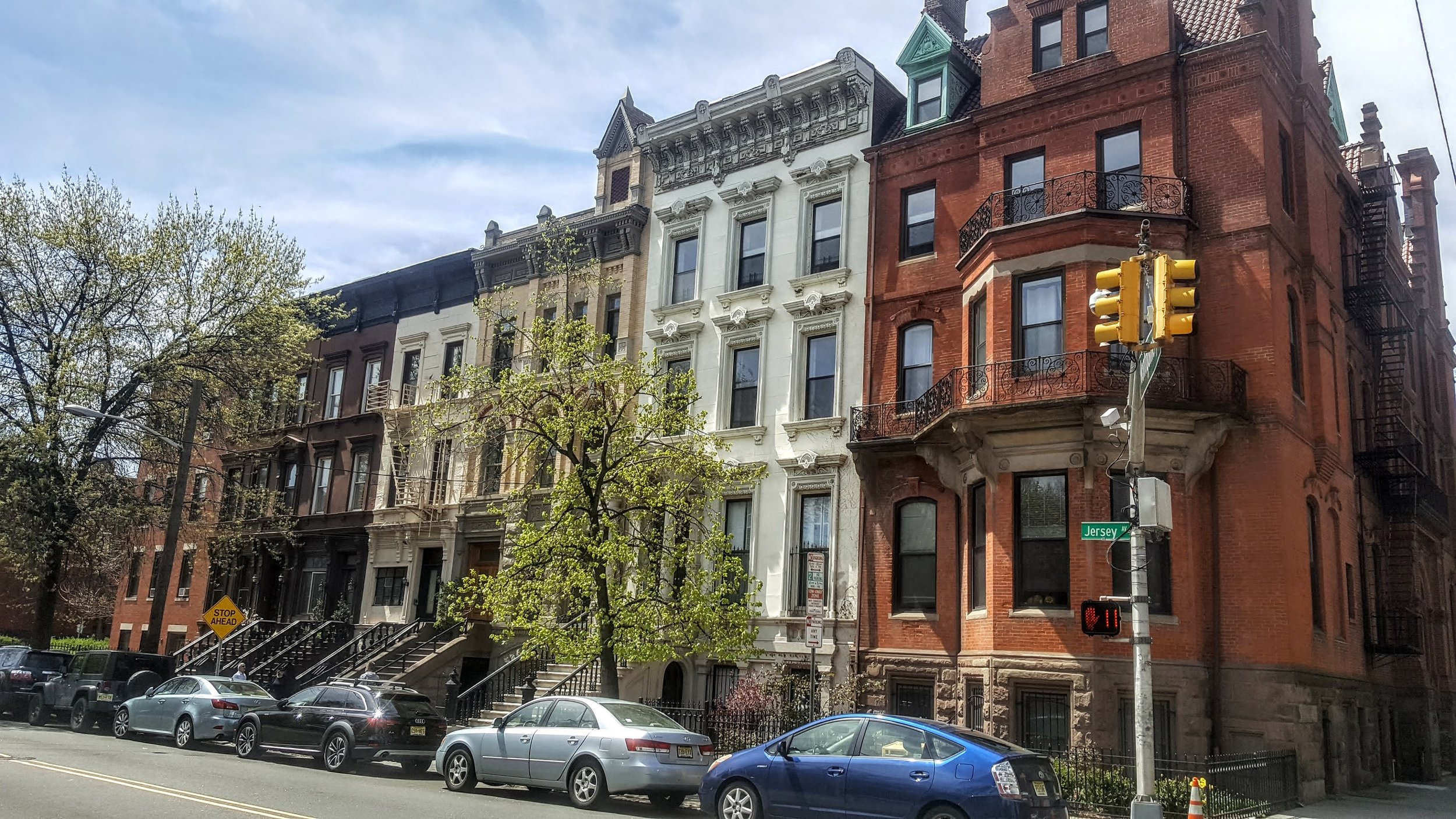 A residential street in Jersey City very close to Van Vorst Park (which we will talk about in a moment). The lack of large setbacks and dedicated greenspace in the neighborhood brings just about everything nearby into walking distance.