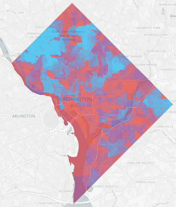 BNA scores by Census block within Washington D.C. The best bike network connections are in bluer areas.