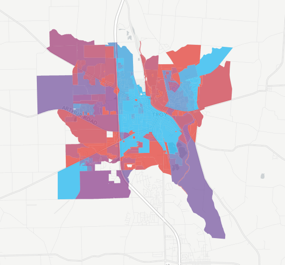 Average network stress by Census block in Troy, Ohio.