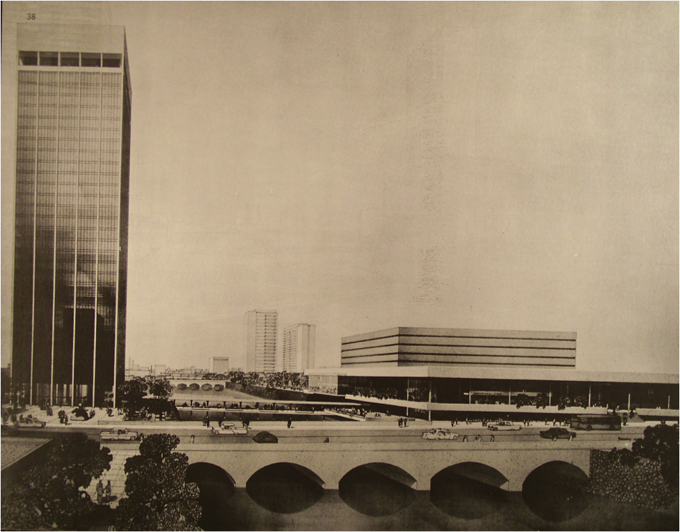 A rendering of downtown under the vision of the 1965 Genesee River Plan. The plan was never fully implemented, but many parts of it are visible today in the form of First Federal Plaza, Crossroads Park, and the Radisson.