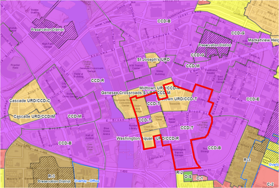 The red line indicates areas of downtown which are zoned CCD-T (Tower District) or Washington Square URD (Urban Redevelopment District).