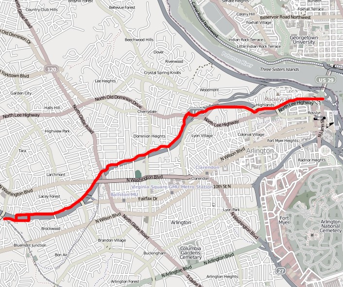 The Custis Trail is the red line , and I-66 is the thick grey line alongside it. VDOT plans to extend the Custis Trail along 66 out to Centreville. (Image by OpenStreetMap licensed under Creative Commons .)