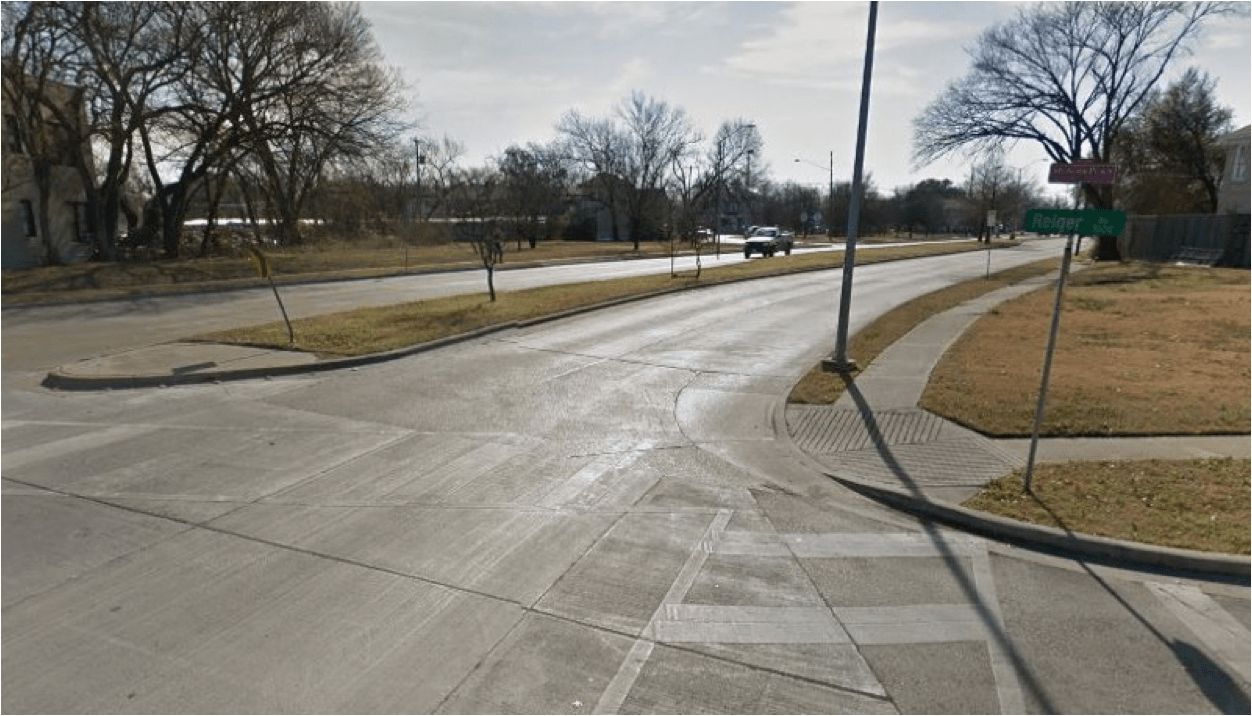 Better hope the light just around the bend doesn’t turn green while you’re crossing! You can’t see the light? Neither can the pedestrians. (Source: Google Maps)