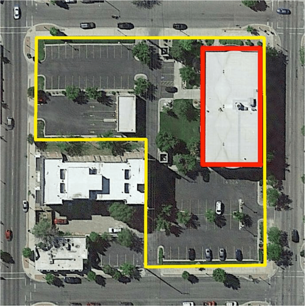 Google aerial showing Wells Fargo building (red) and total site area (yellow)