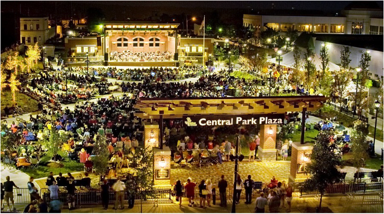 The focal point of our town is the large public space known as Central Park Plaza.
