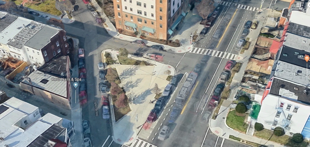 The intersection where my bike crash occurred. Look at how much space is devoted to cars and how little is devoted to pedestrians and cyclists. And this is a street that actually has a bike lane.