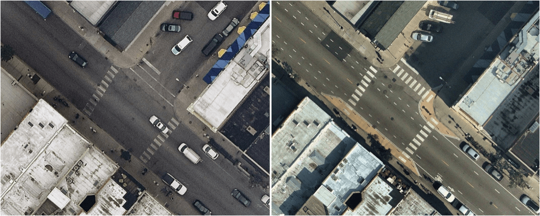 Intersection of Milwaukee & Honore before reconfiguration (left) and after (right). (Source: Nearmap.)