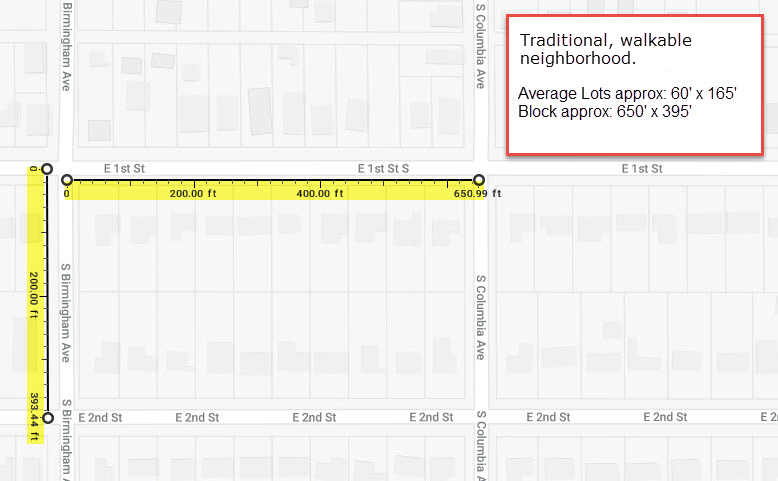 Example of a walkable neighborhood with short, connected blocks.