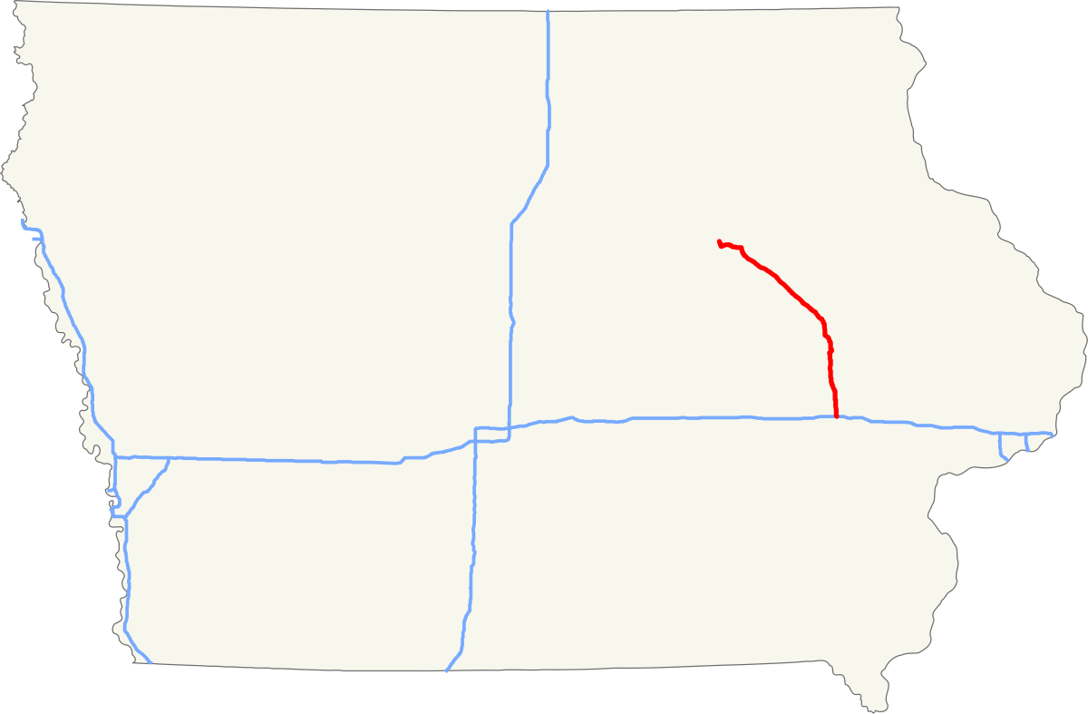 I-380 is a spur from I-80 west of Iowa City, bending at Cedar Rapids towards Waterloo