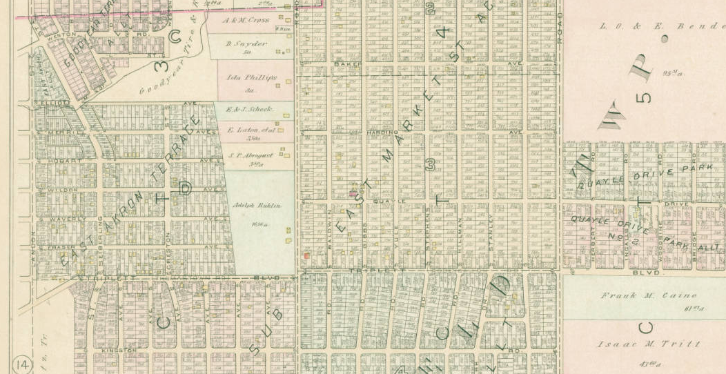 Expecting Akron’s rapid pace of growth to continue, allotments like East Market Street Acres and Quayle Drive Park were already plotted out in the city atlas by 1921. Most all the houses constructed on these lots wouldn’t actually be built until the late 1950s-early 1960s. (ASCPL - Summit Memory. Click to view larger.)