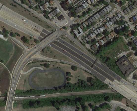 The Penrose Park Velodrome (bottom left corner of the image) is located on the north side of St. Louis, MO (Source: Google Maps)