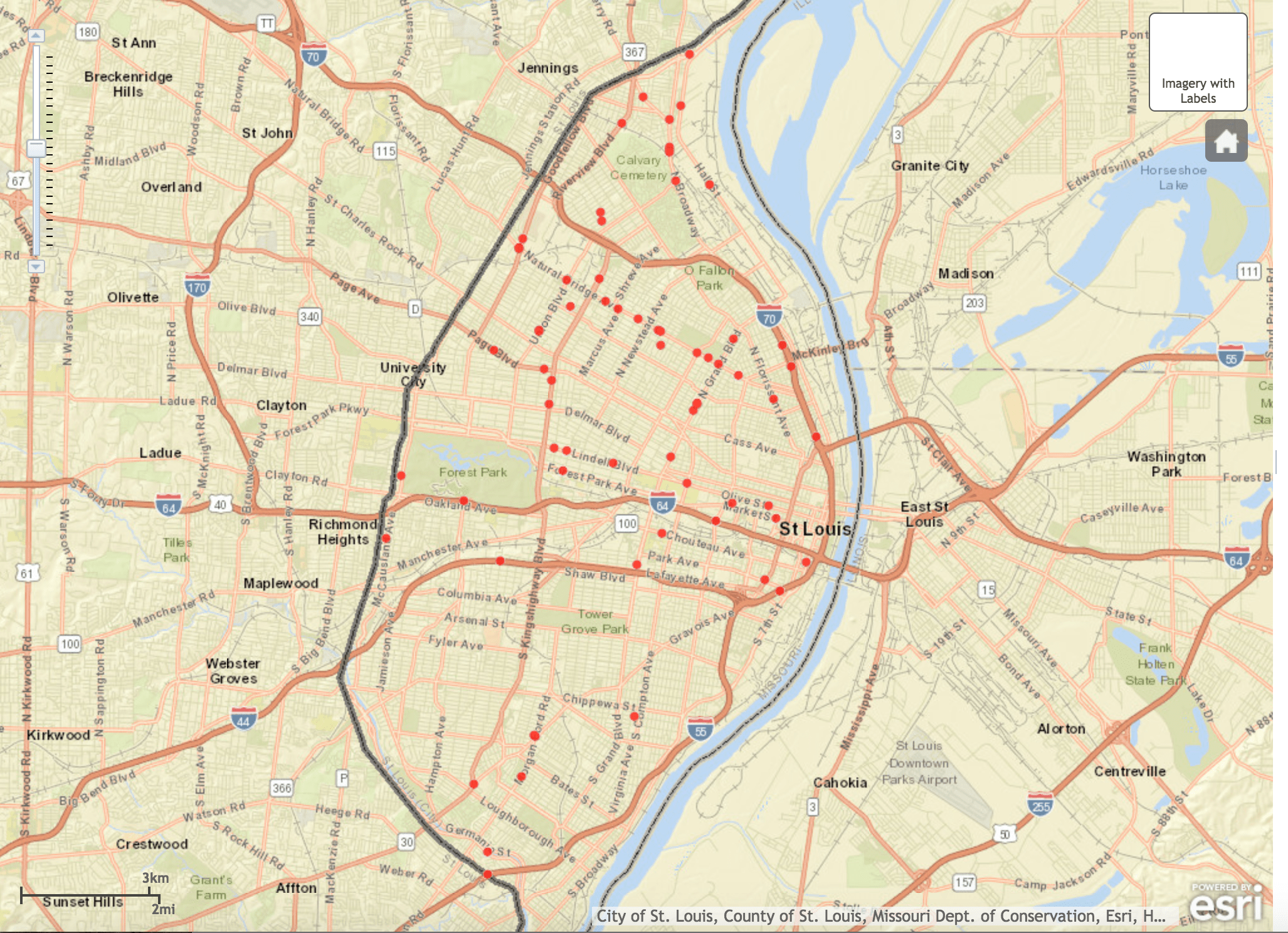 Pedestrian deaths from 2013-2018 are noted by red dots on this map of the city. Most have occurred on the poorer north side of the city. Click to view larger.