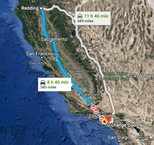 Redding to Orange County (Source: Google Maps)