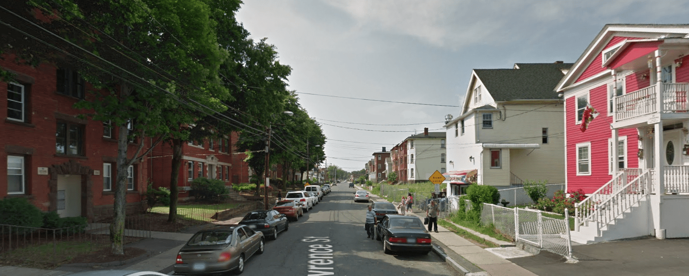 A typical narrow, people-centered residential street in Hartford, CT 