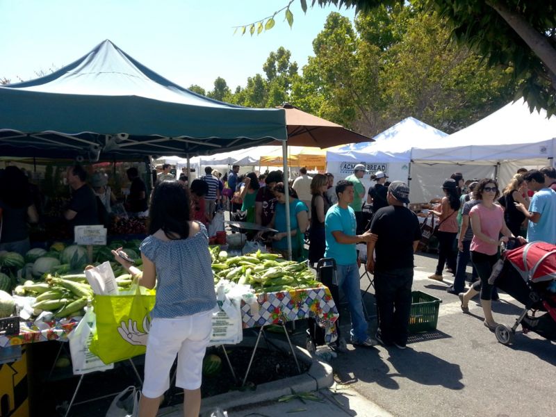 A parking lot becomes a farmers market in Mountain View.