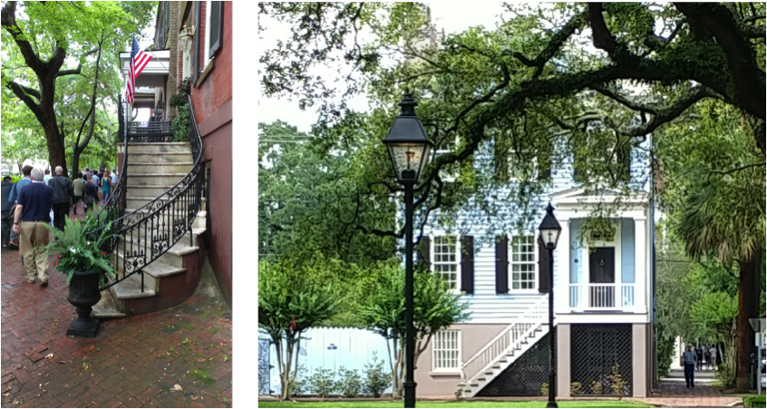 The steps for the homes’ elevated entrances integrate elegantly with sidewalks. Sidewalks are wide enough to provide sufficient pedestrian space and a buffer for automotive traffic.