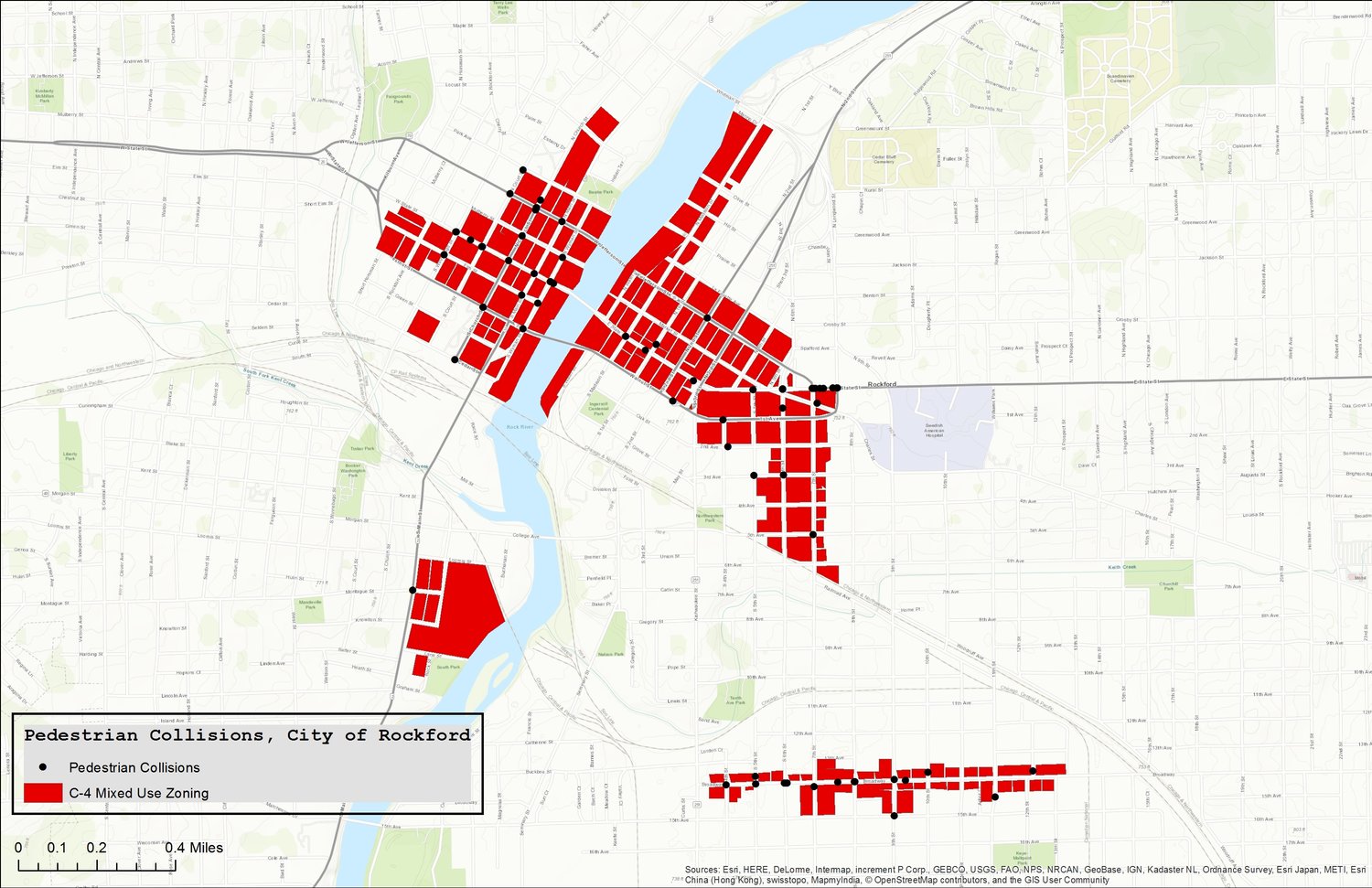 Pedestrian collisions in areas with mixed-use zoning in Rockford, Illinois.