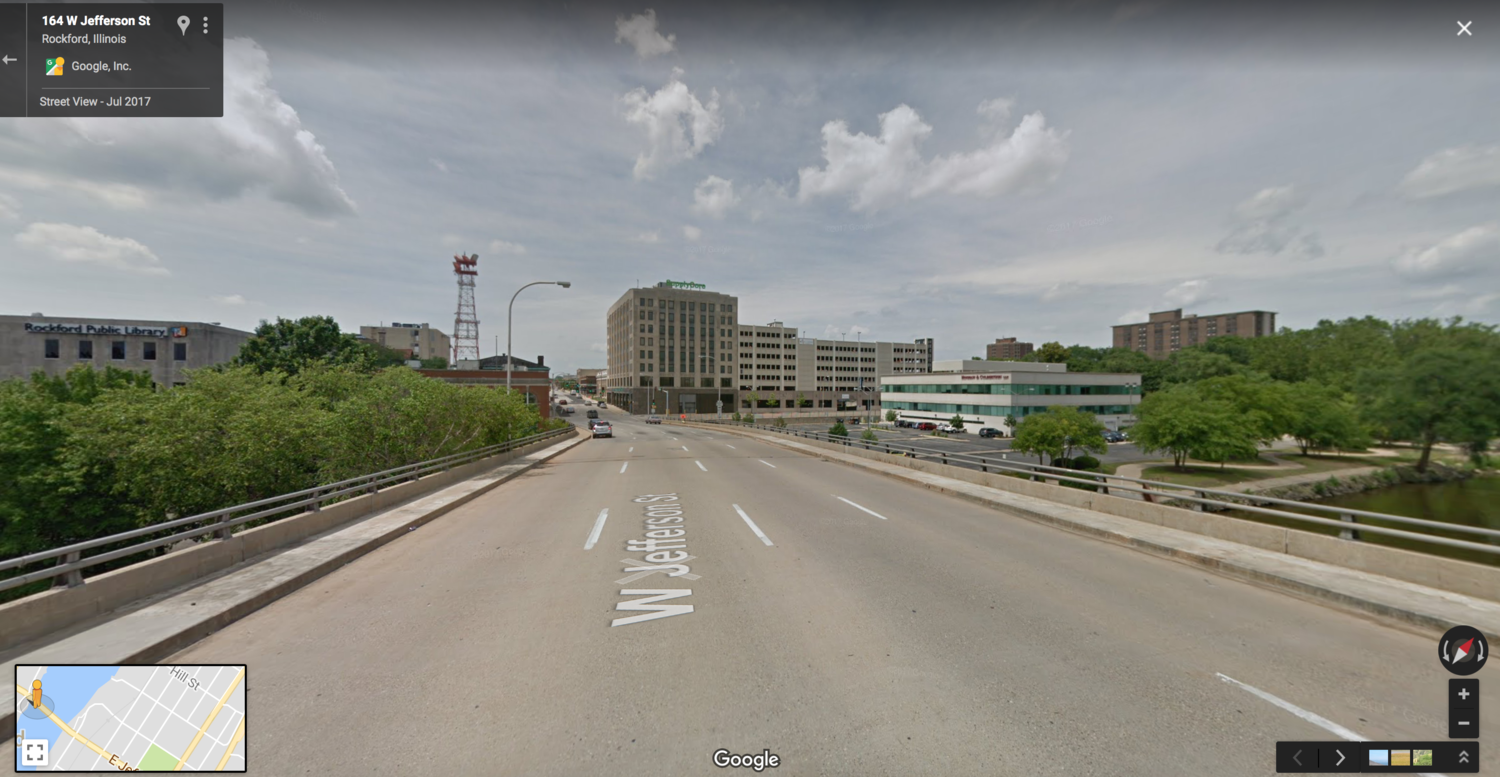 Jefferson Street looking west towards our downtown. We’ve given drivers an oversupply of travel lanes—four lanes on the bridge—while the annual average daily traffic (AADT) ranges only 6,000-8,000 cars a day, a level that could easily be accommodated with two lanes. This wide open roadway communicates to the driver an environment that is frictionless, and an illusion of safety that encourages high speeds.