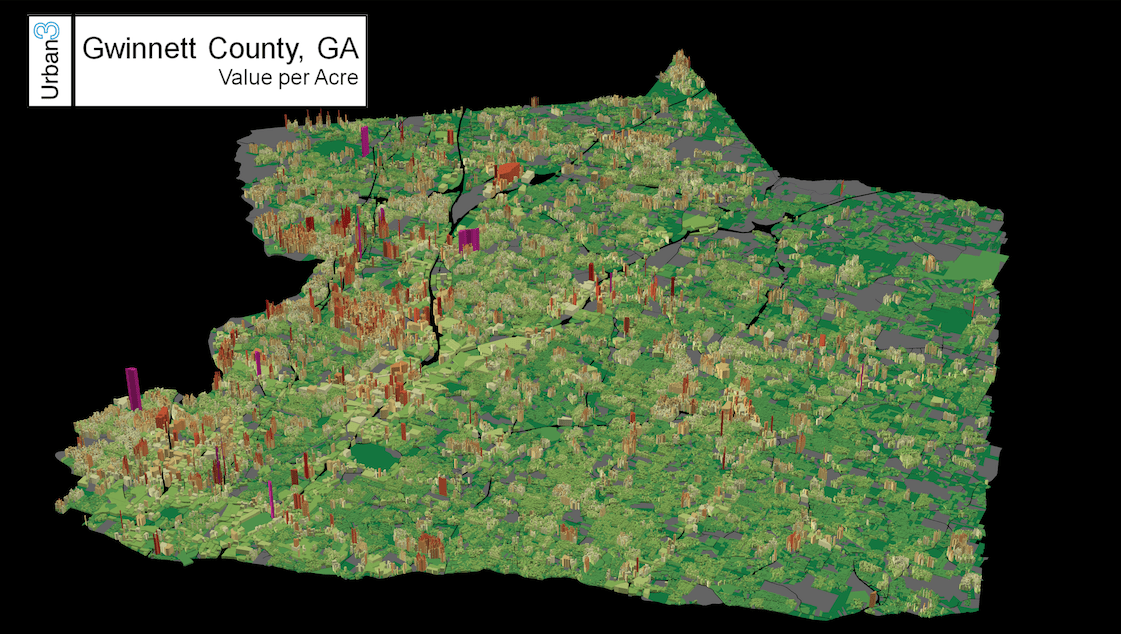 This image shows the tax value per acre of plots in Gwinnett County, GA. Taller red and purple plots are those with high tax value per acre. Lower green plots are those with little tax value per acre. (Source: Urban3)