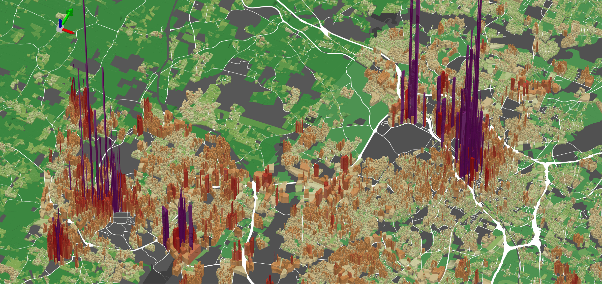 In the above tax value per acre visualization, Durham and Chapel Hill, only 22 miles apart, prove the possibility of two adjacent but distinct pockets of downtown wealth. (Source: Urban3)