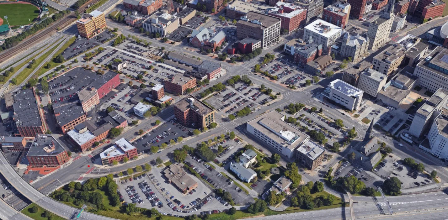 Aerial view of downtown Rochester from Google Earth.