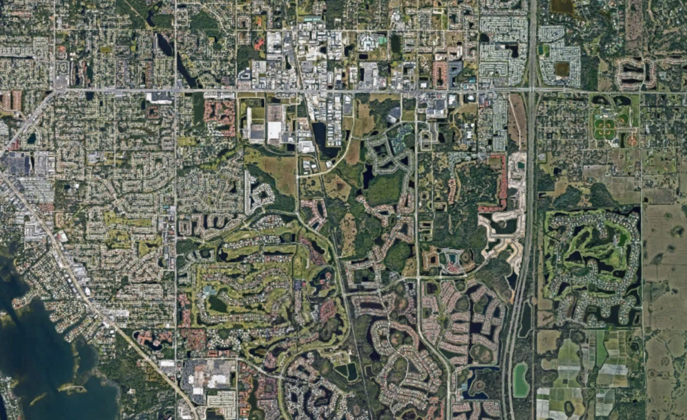 A typical section of suburban Sarasota County—note the pod-like subdivisions opening on to large arterial roads, and retail concentrated in large shopping centers. (Source: Google Maps)