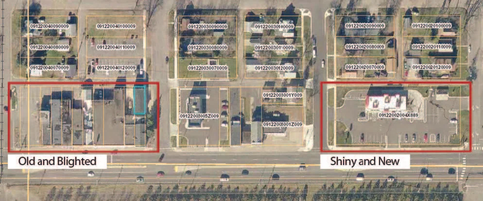 Total value of the Old and Blighted block: $1,104,000. Total value of the Shiny and New block: $618,000.
