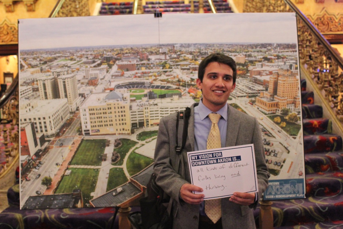 A resident shares his vision for downtown Akron at a public meeting about plans for the area.