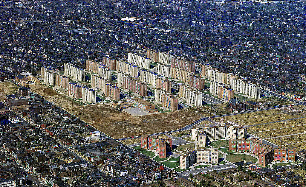 1956 aerial view of Pruitt-Igoe. Source: Joe Wolf via Flickr .