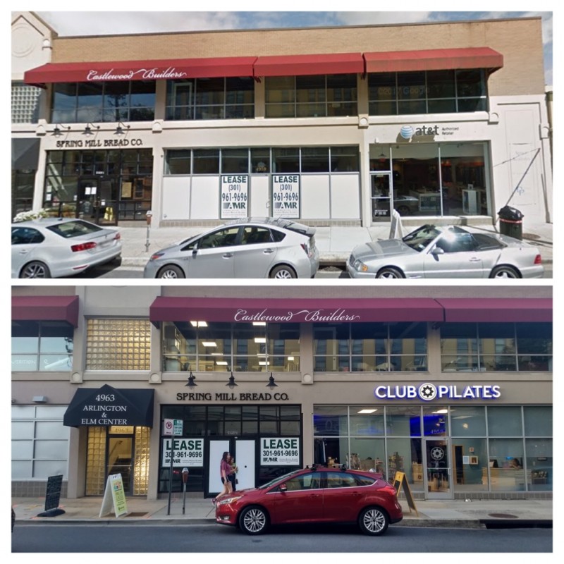 4982 Elm Street in downtown Bethesda went vacant when Ten Thousand Villages closed in April 2017 (top). The space was vacant for one year, until a Club Pilates location opened (bottom). Top image is a screenshot from Google Street View; bottom image by Daniel Warwick. Composite by the author.