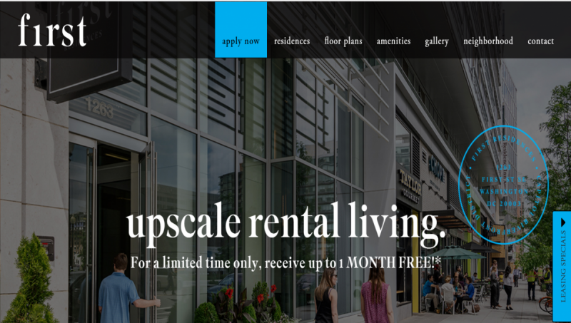 F1RST Residences is a new 325-unit apartment building in the Capitol Riverfront neighborhood. Screenshot of F1rst Residences website from August 21, 2018 by the author.