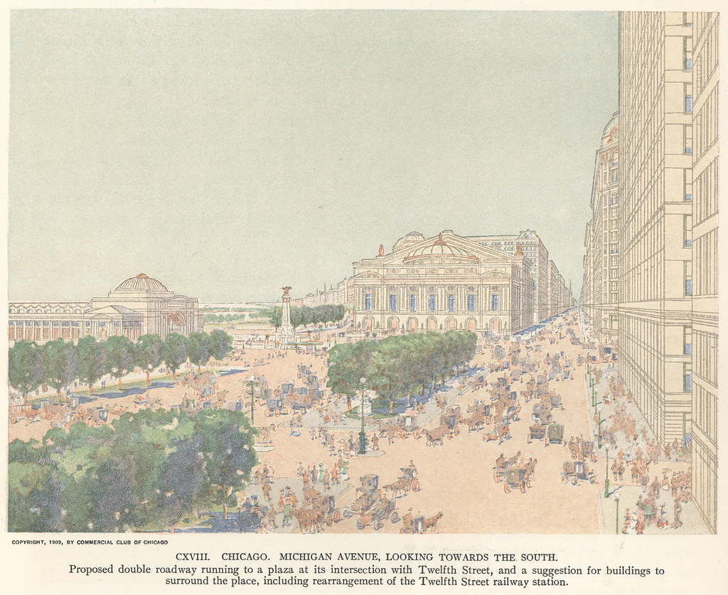 A rendering of Michigan Avenue from Daniel Burnham's 1909 Plan of Chicago. The monumental buildings might have been part of a master plan, but the hustle and bustle of human activity that defines a successful place is better achieved through an iterative process.