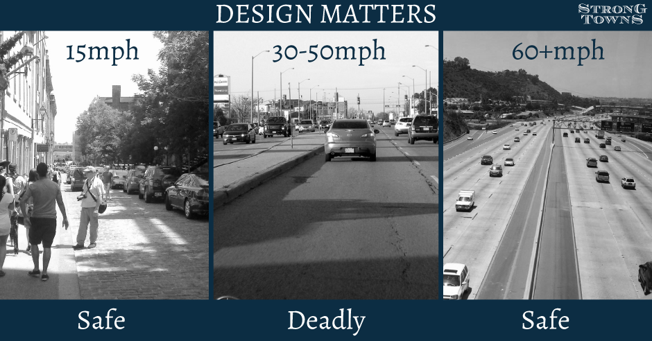 If the speed limit is between 30 and 50 miles per hour and it looks like the photo in the middle, you’re probably dealing with a stroad.