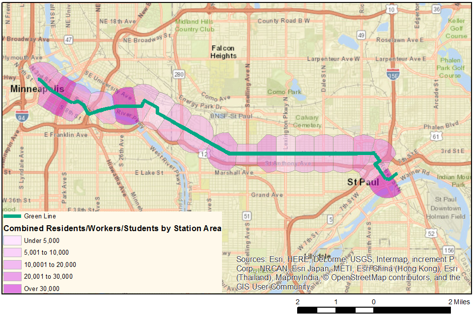 A map of the Green Line with the station walksheds color-coded by “Total Activity.”