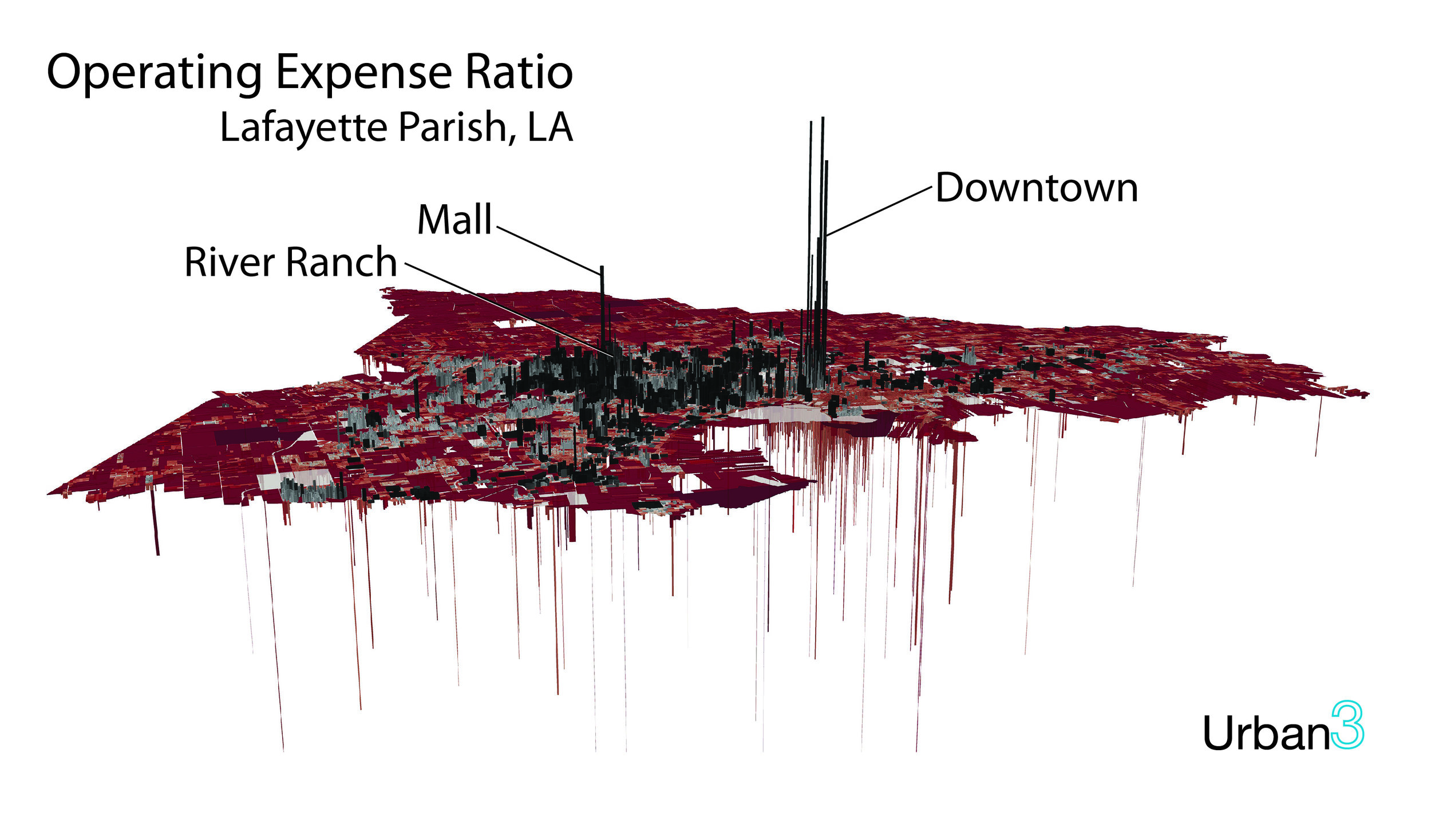 This image from Urban3 maps the properties of Lafayette, LA, in terms of net contribution per acre to the city’s municipal coffers. (Image credit: Urban3)