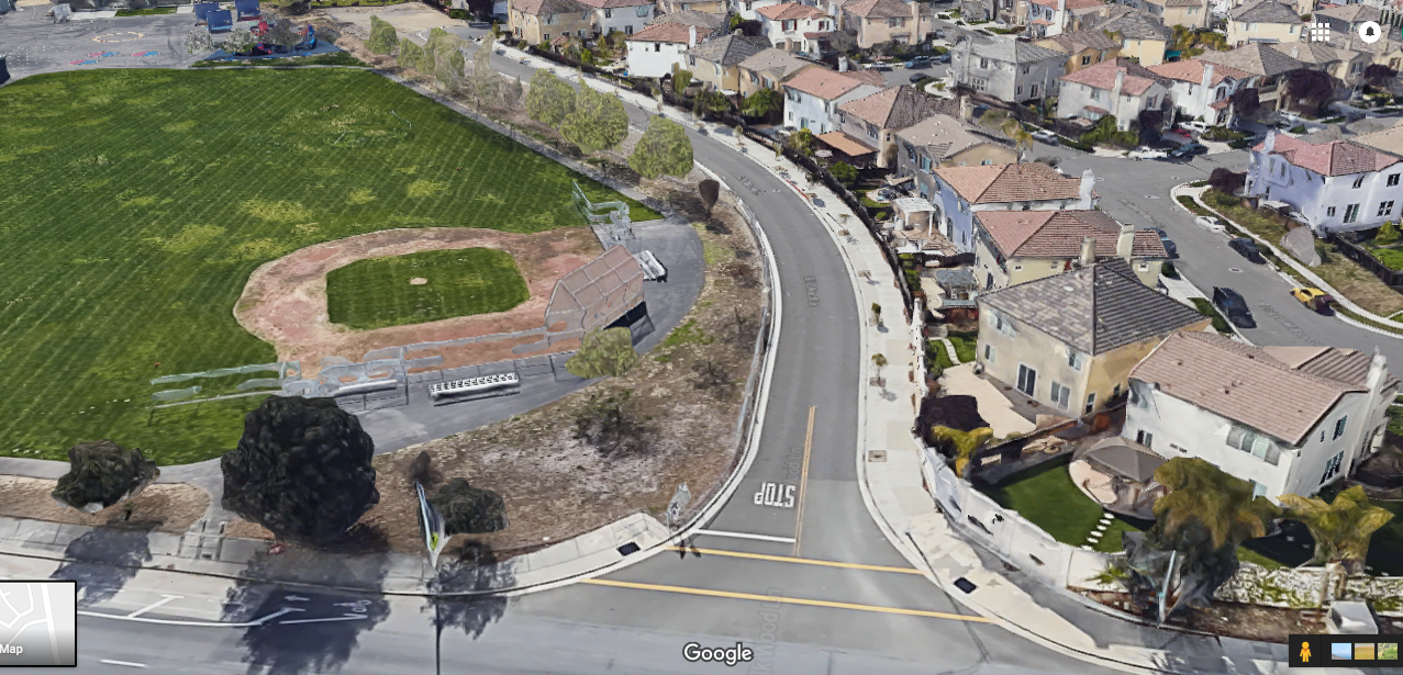 Left: Orchard School. Middle: Silk Wood Lane, the future east end of the overpass—the current plan calls for four lanes here. Right: Residential neighborhood, with a large mobile home park further right (outside of the frame). Almost 300 students live on this side of the school. (Click to view larger)