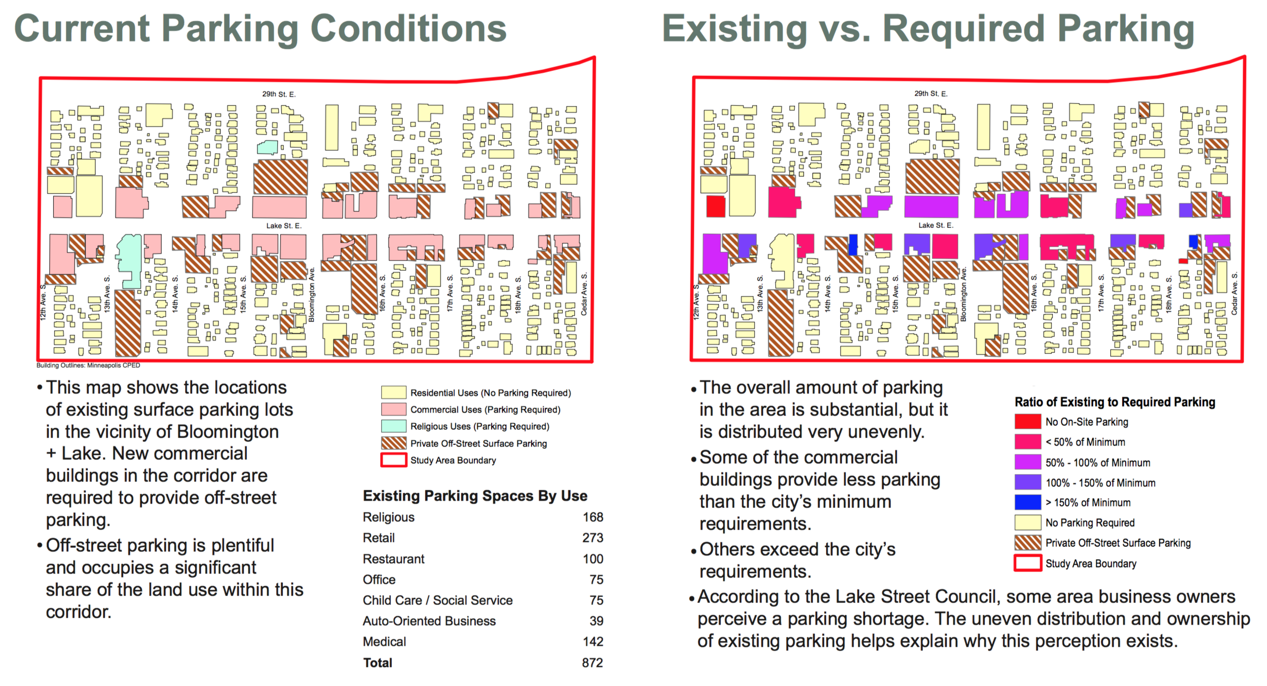 Data from manual count by walking survey conducted Fall 2015; may be outdated. Parking minimums were those in effect in Fall 2015. Click to view larger.