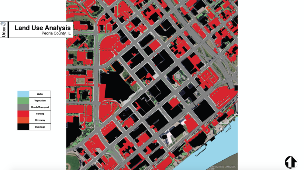 This map of downtown Peoria, IL shows the enormous amount of land devoted to parking. (Source: Urban3 )