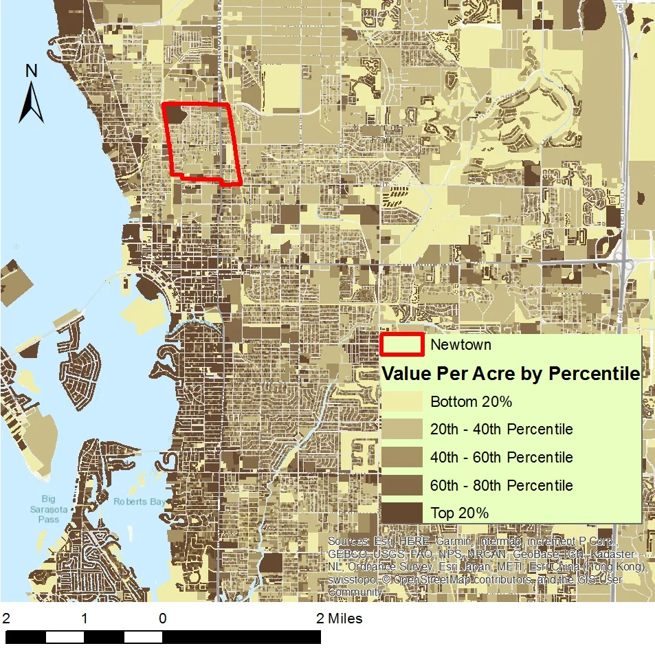 Value per acre map for northern Sarasota including Newtown. Click to view larger.