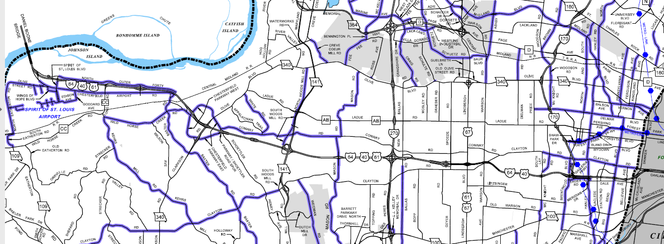 Blue highlighted roads are St. Louis County-maintained roads. Blue dots with lines are County and City-maintained Metrolink. Numbered and lettered roads are state-maintained roads. (Click to view larger.)