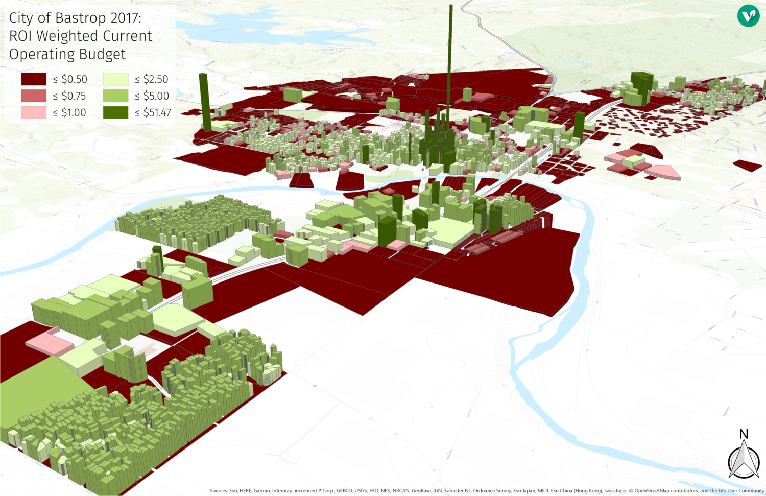 Figure 4 (Click to View Larger): A weighted ROI map for Bastrop’s existing development, relative to its current operating budget. Numbers below $1.00 (red) indicate the City is losing money by serving these properties. A property with a value greater than $1.00 (green ) generates more revenue than the City spends to serve it. The more compact development pattern of Bastrop’s downtown performs significantly better than the rest of the city. (Image: Felix Landry/Verdunity)
