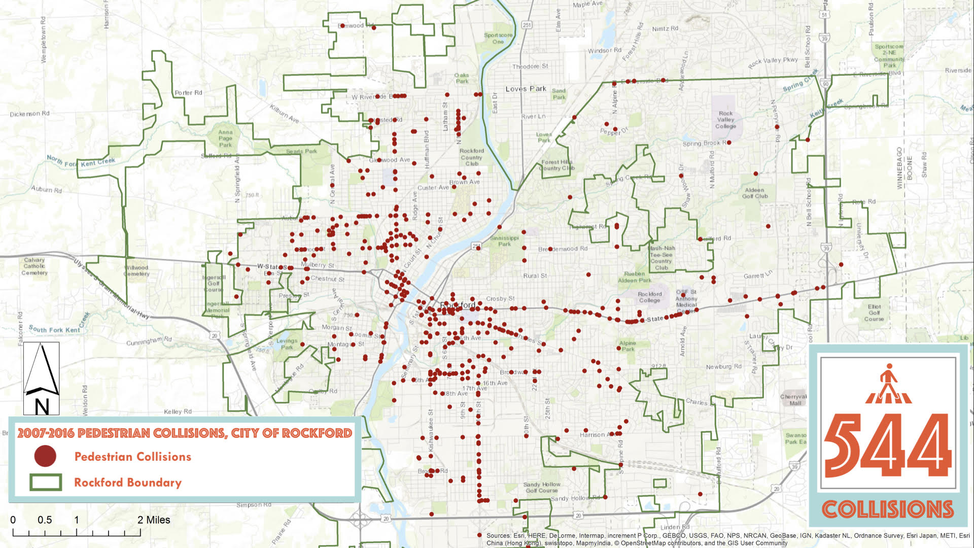 The locations of pedestrian collisions in Rockford, as mapped by Michael Smith: these incidents are concentrated heavily on arterial stroads. Click map to view larger.