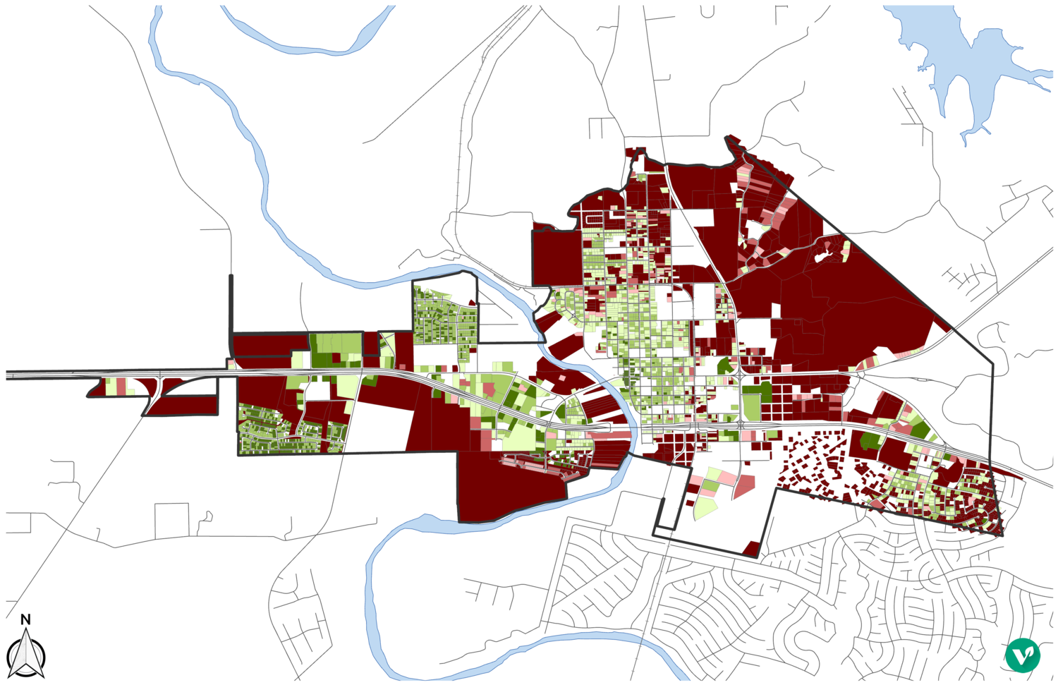 A return-on-investment (ROI) map of Bastrop, Texas. Note the amount of white space within city limits; that indicates properties that are tax-exempt and do not generate revenue for the City.