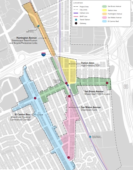 San Bruno’s Transit Corridors Plan, showing areas upzoned in 2014 for denser development.