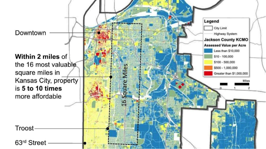 Image: Abby Kinney. The 16 square-miles on either side of Troost Avenue contain roughly the same housing stock and block patterns, though the east side is significantly undervalued. Value, when measured per acre, is starkly contrasted between the east and west side of urban neighborhoods.