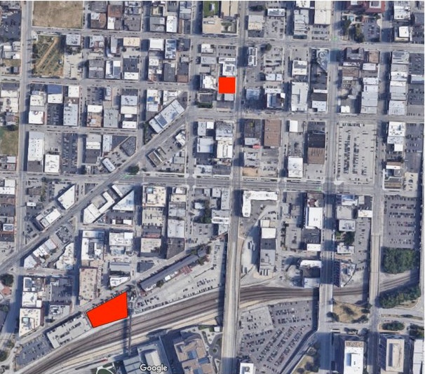 Two recent proposed developments highlighted in red, in the Crossroads neighborhood of Kansas City (click to view larger).